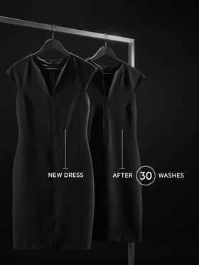 Une robe noire avant et après 30 lavages, aucune décoloration visible