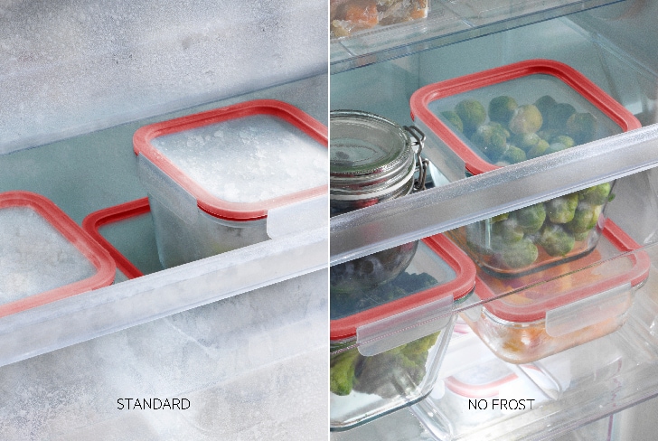 Vergelijkingsafbeelding van de binnenkant van een koelkast: standaard versus No Frost.