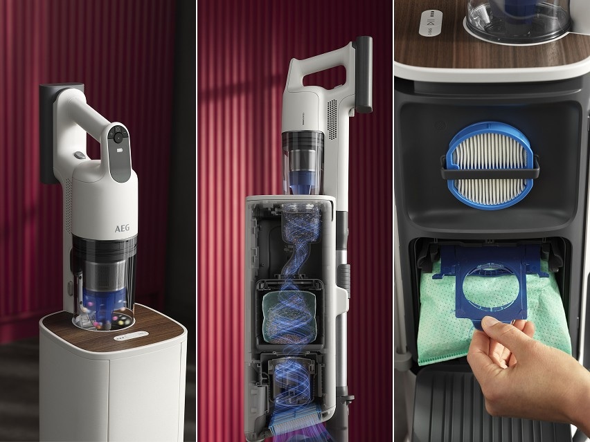 Image en montage de 3 parties d'un aspirateur, incluant la section supérieure et le compartiment à sac.