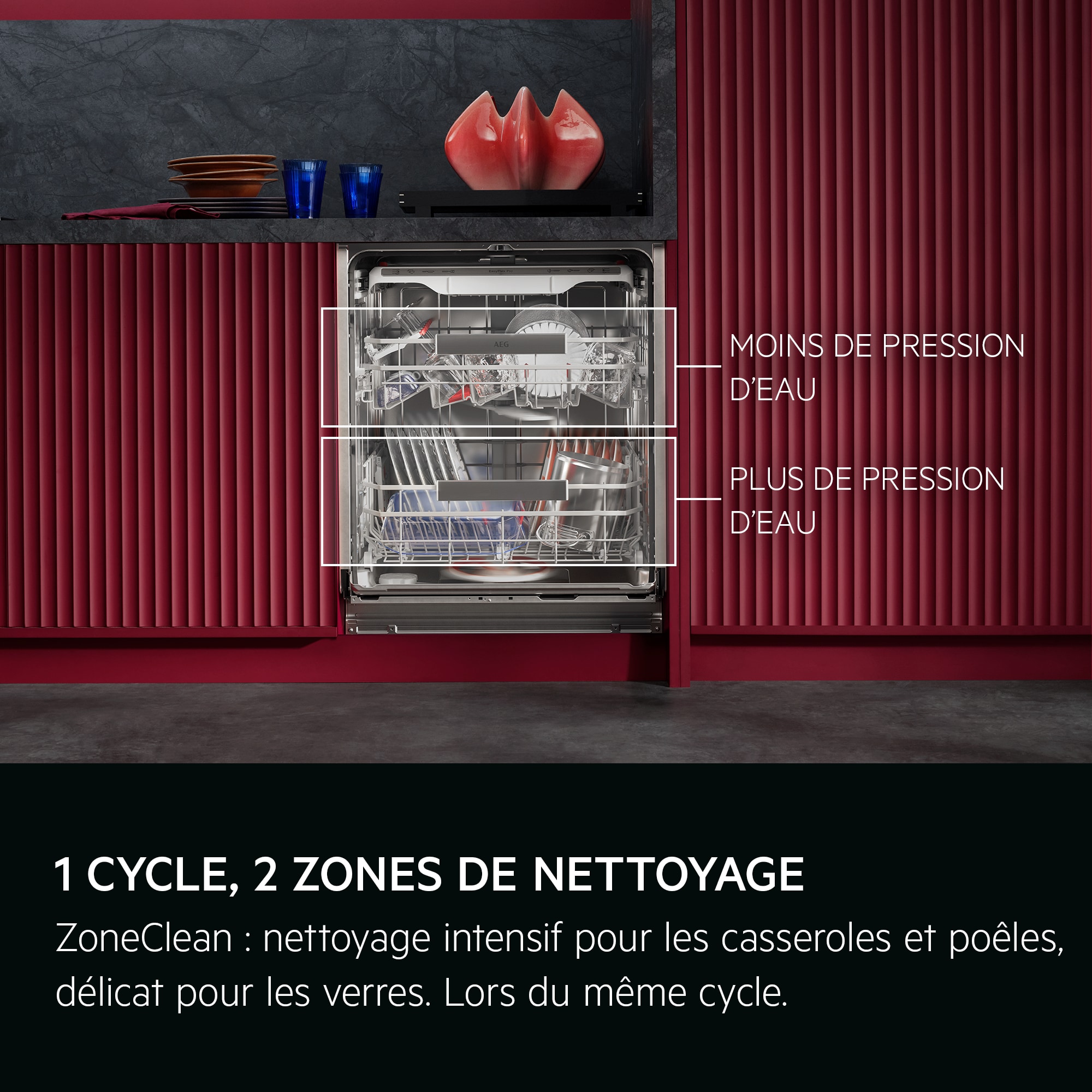 
            1 PROGRAMMA, 2 REINIGINGSZONES
           
            ZoneClean: krachtig bij pannen, zacht voor glazen. Allemaal in één cyclus.