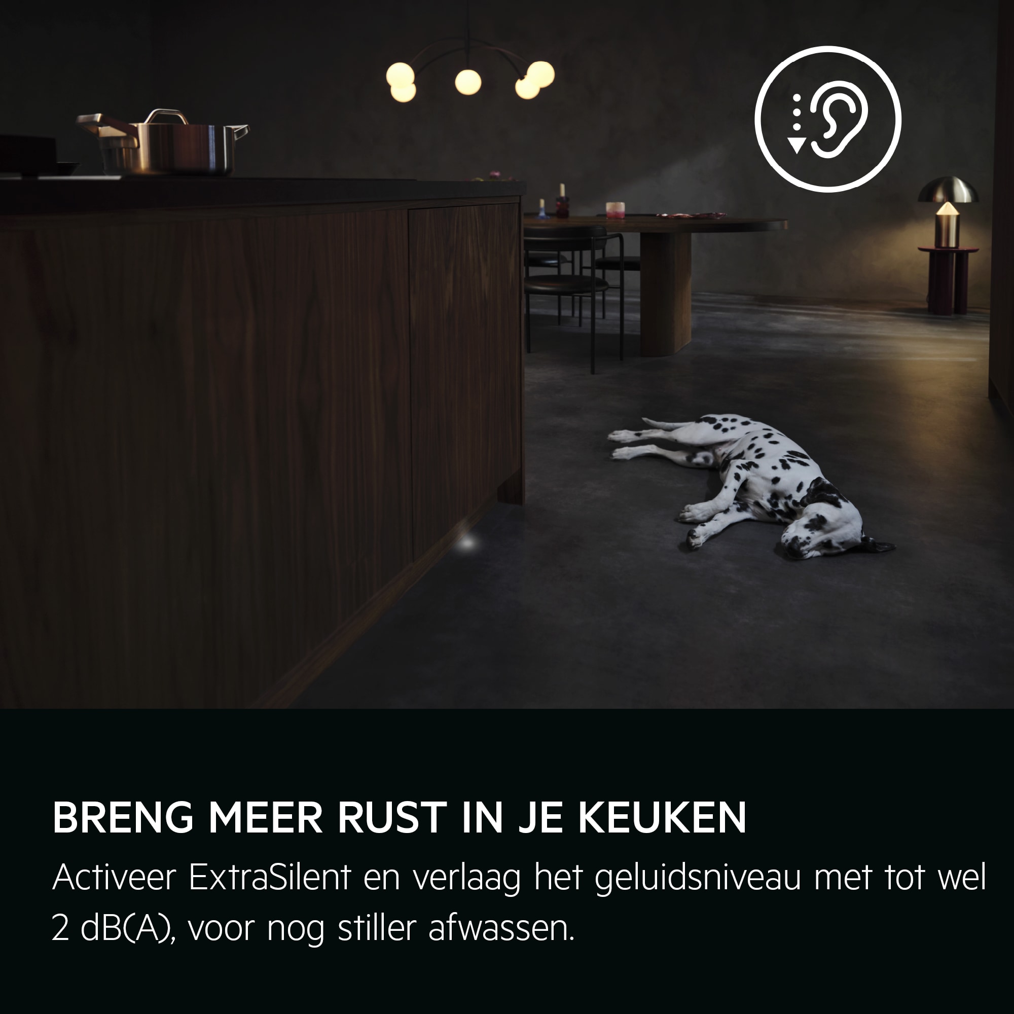 
            BRENG MEER RUST IN JE KEUKEN
           
            
            Activeer ExtraSilent en verlaag het geluidsniveau met tot wel 2 dB(A), voor nog stiller afwassen.
          
          