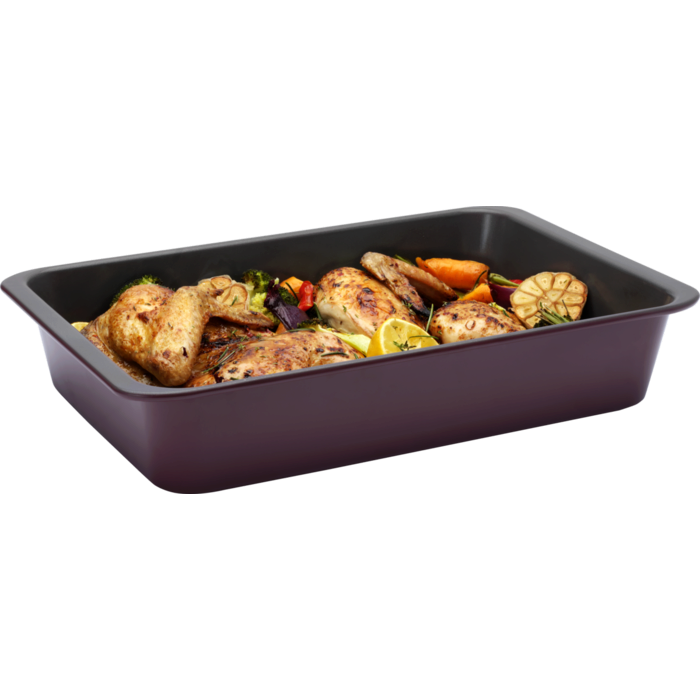 Product in use, filled with a chicked, vegetable and heard dish