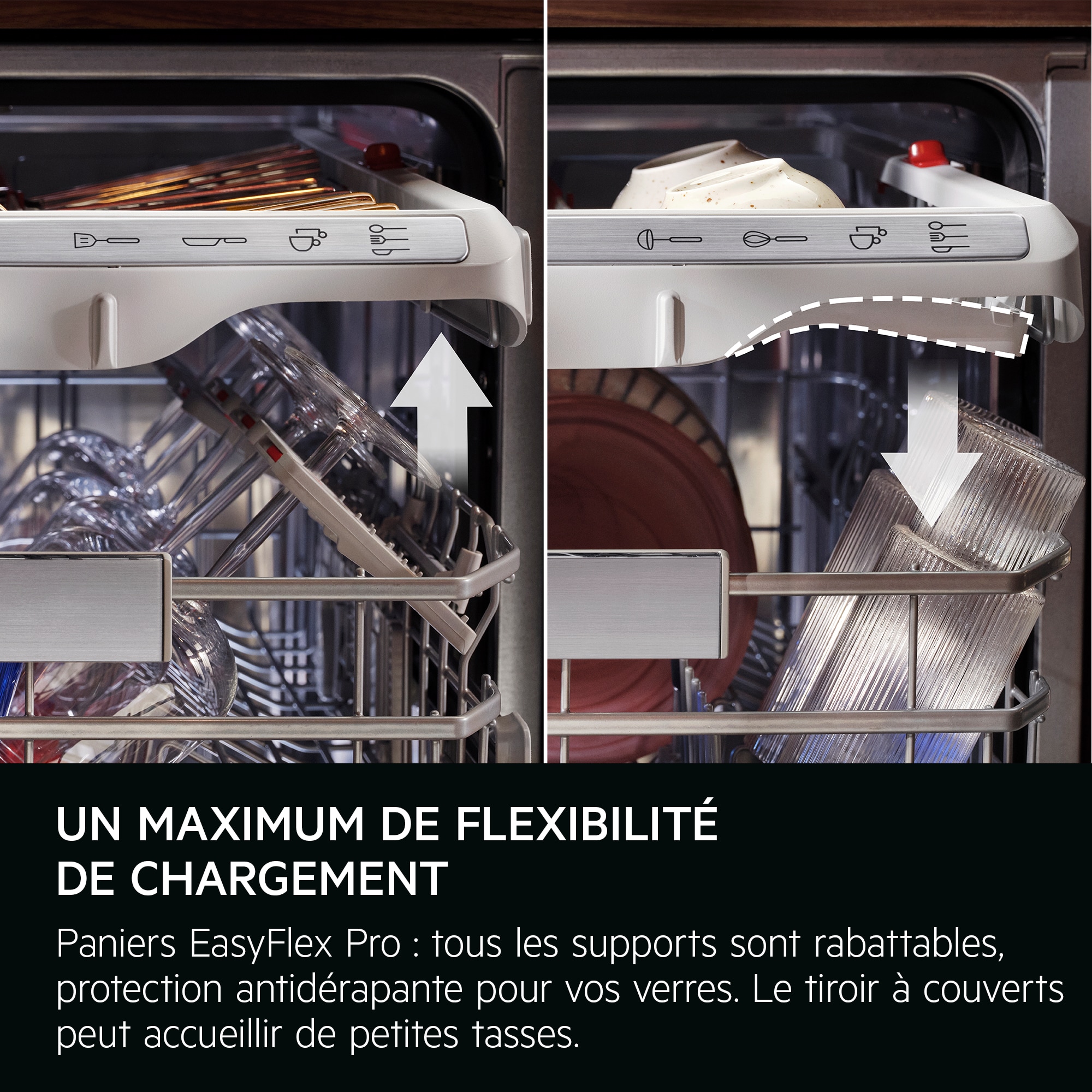 
            MAXIMALE FLEXIBILITEIT BIJ INLADEN
           
            EasyFlex Pro-korven: alle rijen zijn neerklapbaar en dankzij de antislip blijven glazen stevig op hun plek.  In de besteklade kun je ook kleine kopjes kwijt.