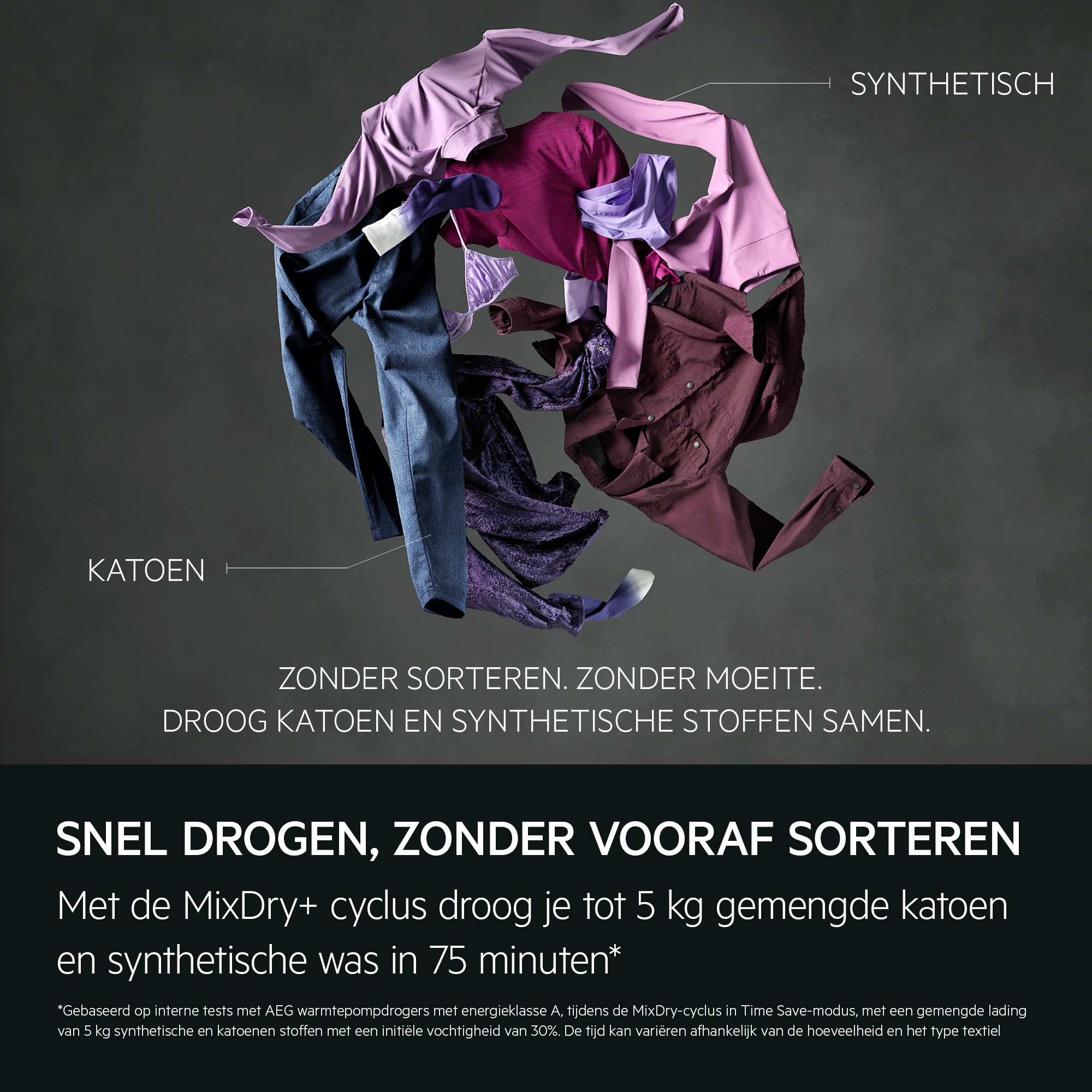 "Quick drying, no pre-sorting.
The MixDry+ cycle dries up to 5 kg of mixed cottons and synthetics in 75 minutes.*
*Based on internal testing on AEG heat pump tumble dryers on Energy Class A on MixDry cycle in Time Save mode on a 5kg mixed synthetic and 
cotton load with an initial moisture content of 30%. Time may vary depending on load quantity and fabric type."