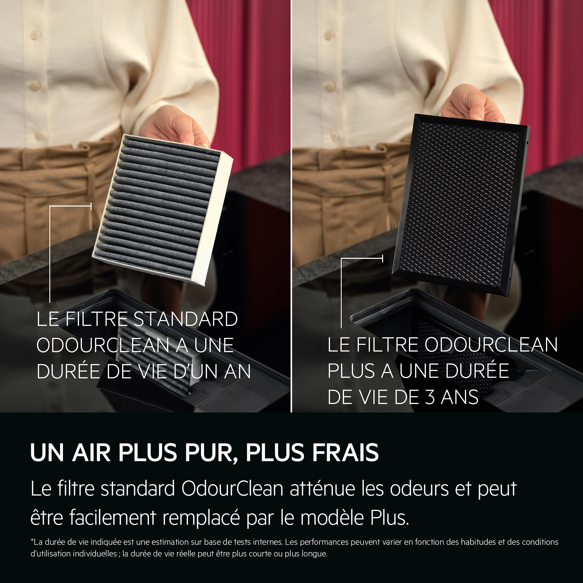 un air plus pur, plus frais Le filtre standard OdourClean atténue les odeurs et peut être facilement remplacé par le modèle Plus.  Le filtre standard OdourClean a une durée de vie d'un an Le filtre OdourClean Plus a une durée de vie de 3 ans *La durée de vie indiquée est une estimation sur base de tests internes. Les performances peuvent varier en fonction des habitudes et des conditions d'utilisation individuelles ; la durée de vie réelle peut être plus courte ou plus longue.