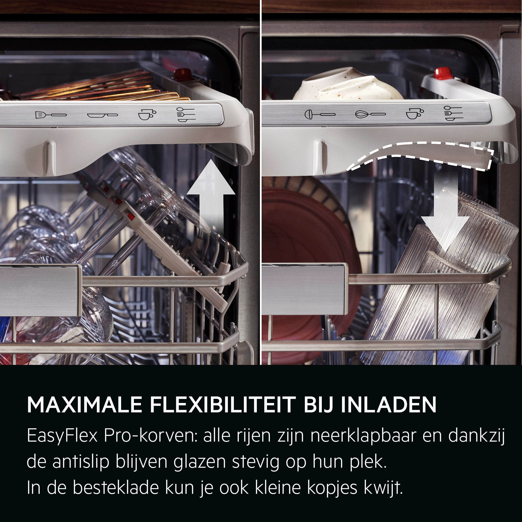 
            MAXIMALE FLEXIBILITEIT BIJ INLADEN
           
            EasyFlex Pro-korven: alle rijen zijn neerklapbaar en dankzij de antislip blijven glazen stevig op hun plek.  In de besteklade kun je ook kleine kopjes kwijt.