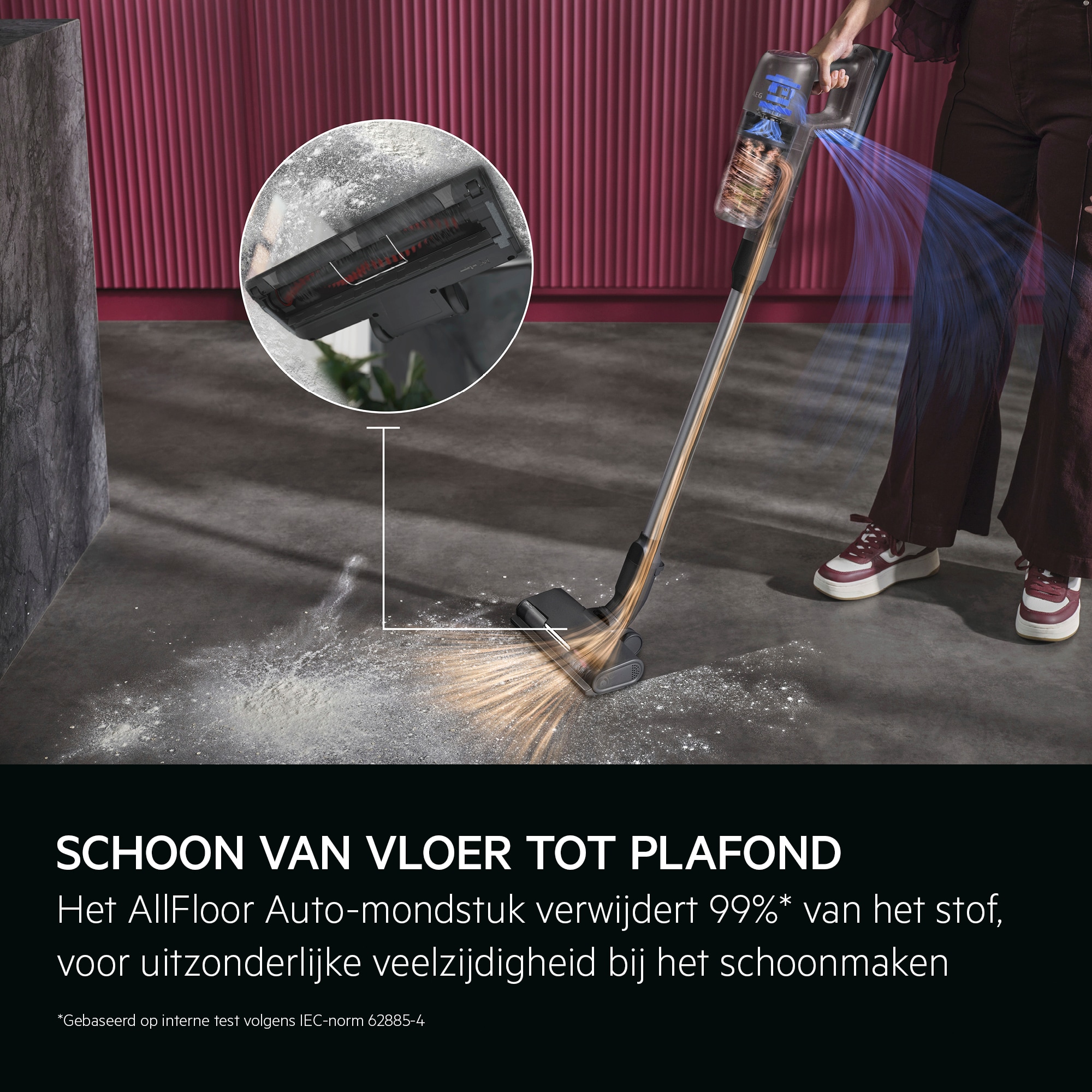 Schoon van vloer tot plafond Het AllFloor Auto-mondstuk verwijdert 99% van het stof, voor uitzonderlijke veelzijdigheid bij het schoonmaken *Gebaseerd op interne test volgens IEC-norm 62885-4