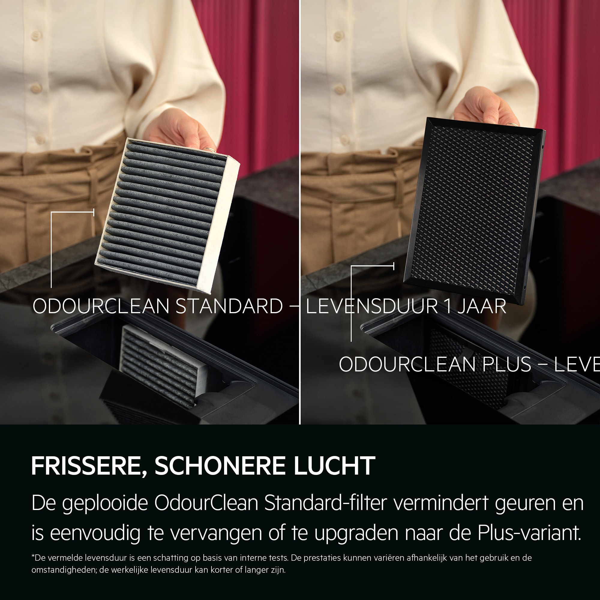Frissere, schonere lucht  De geplooide OdourClean Standard-filter vermindert geuren en is eenvoudig te vervangen of te upgraden naar de Plus-variant.  OdourClean Standard – levensduur 1 jaar OdourClean Plus – levensduur 3 jaar