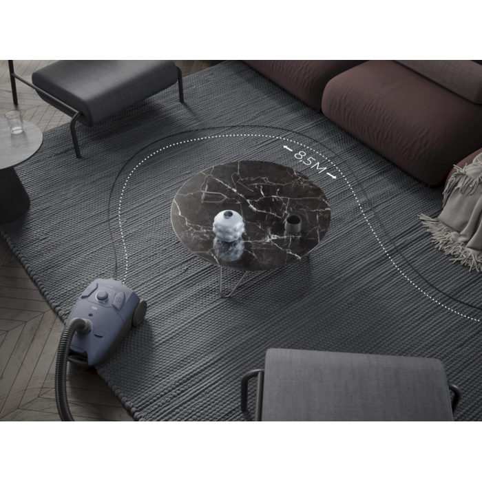 Vacuum cleaner designed for easy cleaning of larger areas without needing to switch power outlets.