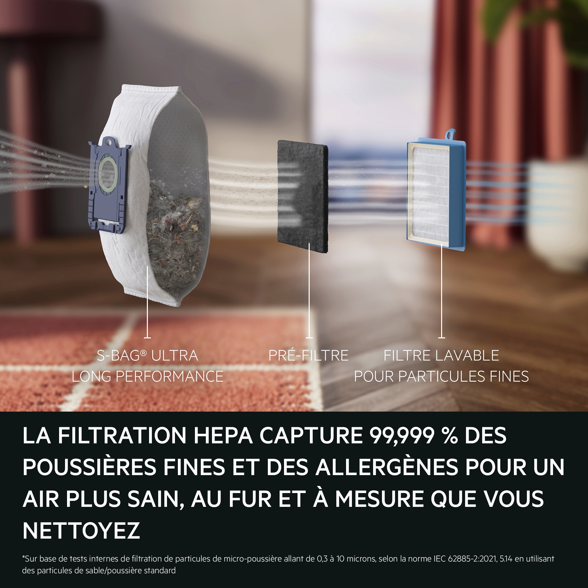HEPA FILTRATION CAPTURES 99.999%
OF FINE DUST AND ALLERGENS FOR
HEALTHIER AIR AS YOU CLEAN.
*Based on internal tests on filtration of micro dust particle sizes 0.3-10 microns according to standard IEC62885-2:2021, 5.14 using standard sand/
dust particles.