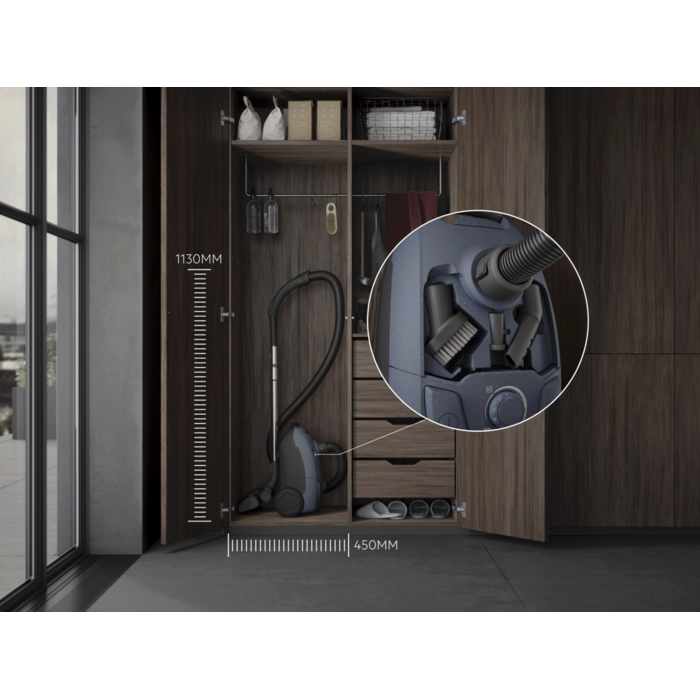 COMPACT DESIGN FOR EASY STORAGE Convenient size to fit into any home, and the accessories are stored on-board for easy access