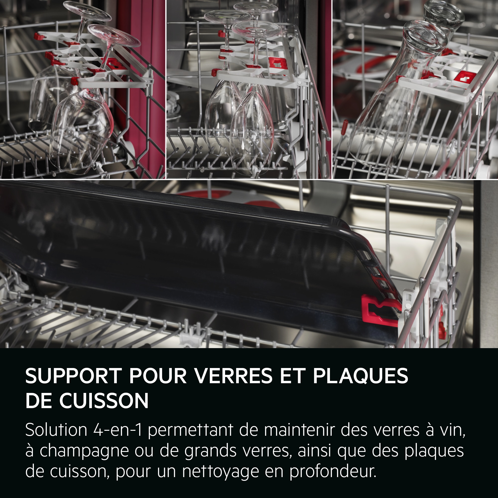 
            HOUDER VOOR GLAZEN EN PLATEAUS
           
            4-in-1 oplossing voor wijn-, champagne- of hoge glazen en plateaus, voor een grondige reiniging.
          