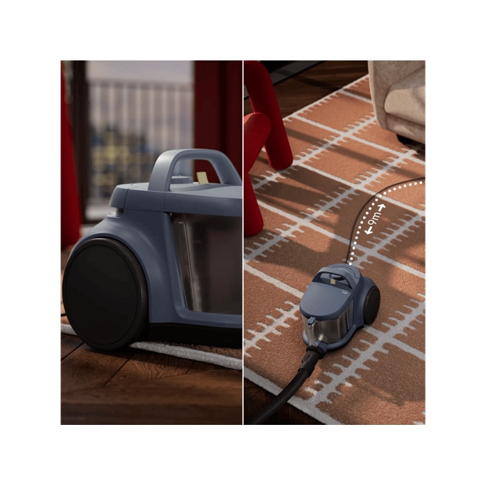 Easy to move, Easy to store, Big wheels and 9m cord for high mobility. Compact for easy storage
