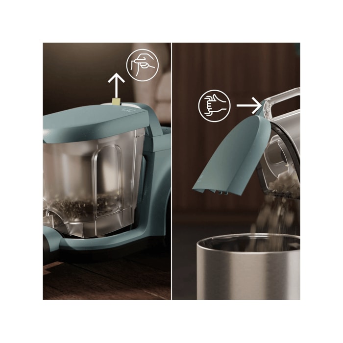 Vacuum cleaner with 2L dustbin designed for easy, spill-free emptying.