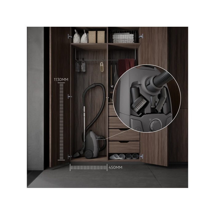 COMPACT DESIGN FOR EASY STORAGE Convenient size to fit into any home, and the accessories are stored on-board for easy access