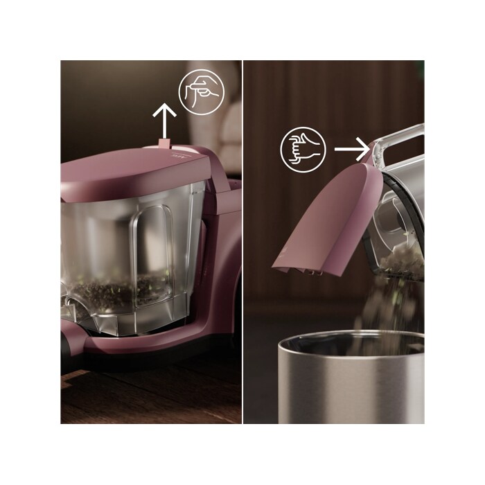 Vacuum cleaner with 2L dustbin designed for easy, spill-free emptying.