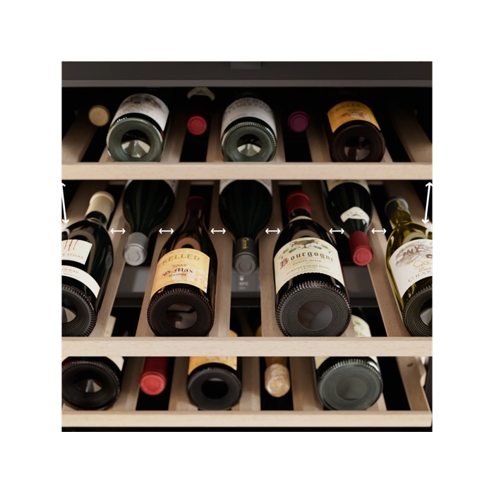 Premium wood shelves, designed for every 750 ml bottle.