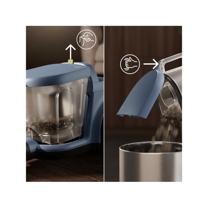 Vacuum cleaner with 2L dustbin designed for easy, spill-free emptying.