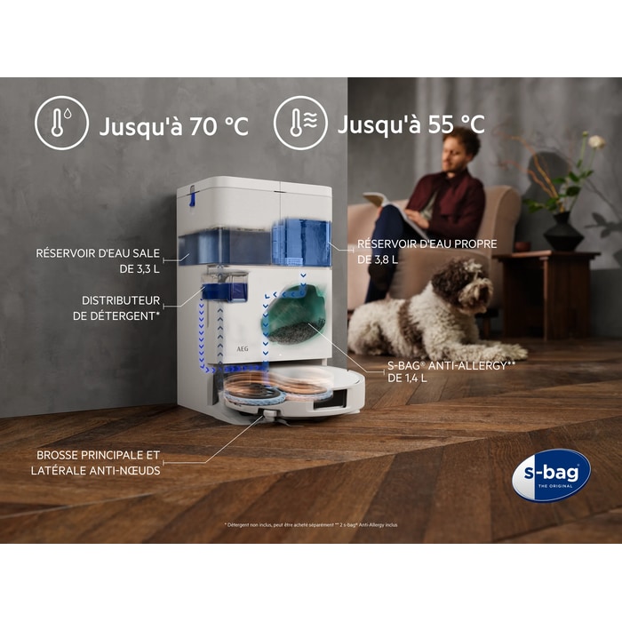 * Détergent non inclus, peut être acheté séparément ** 2 s-bag® Anti-Allergy inclus Jusqu'à 70 °C Jusqu'à 55 °C RÉSERVOIR D'EAU PROPRE DE 3,8 L RÉSERVOIR D'EAU SALE DE 3,3 L DISTRIBUTEUR DE DÉTERGENT*  S-BAG® ANTI-ALLERGY** DE 1,4 L BROSSE PRINCIPALE ET LATÉRALE ANTI-NŒUDS