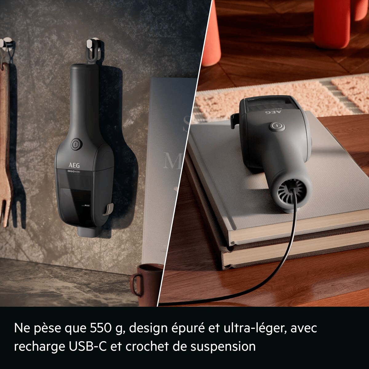 Ne pèse que 0,55 kg, design épuré et ultra-léger, avec recharge USB-C et crochet de suspension.