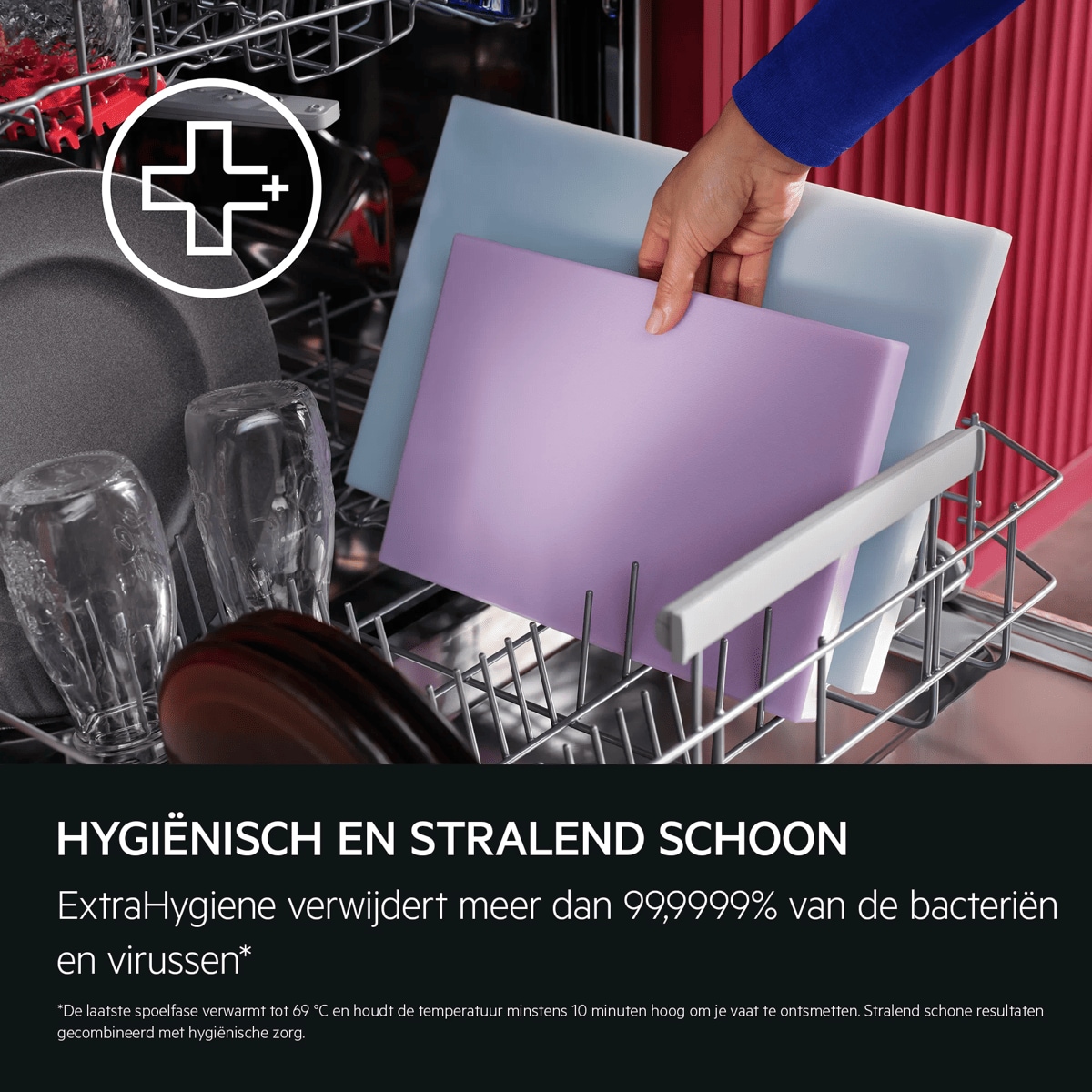HYGIËNISCH EN STRALEND SCHOON ExtraHygiene verwijdert meer dan 99,9999% van de bacteriën en virussen*    De laatste spoelfase verwarmt tot 69 °C en houdt de temperatuur minstens 10 minuten hoog om je vaat te ontsmetten. Stralend schone resultaten gecombineerd met hygiënische zorg.