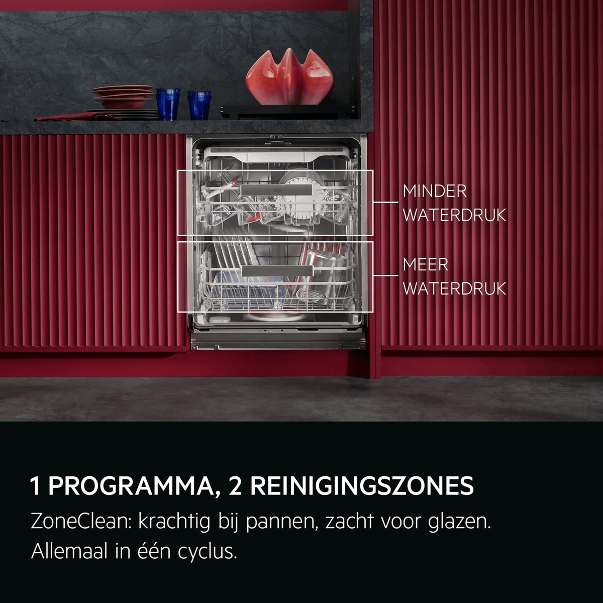 
            1 PROGRAMMA, 2 REINIGINGSZONES
           
            ZoneClean: krachtig bij pannen, zacht voor glazen. Allemaal in één cyclus.