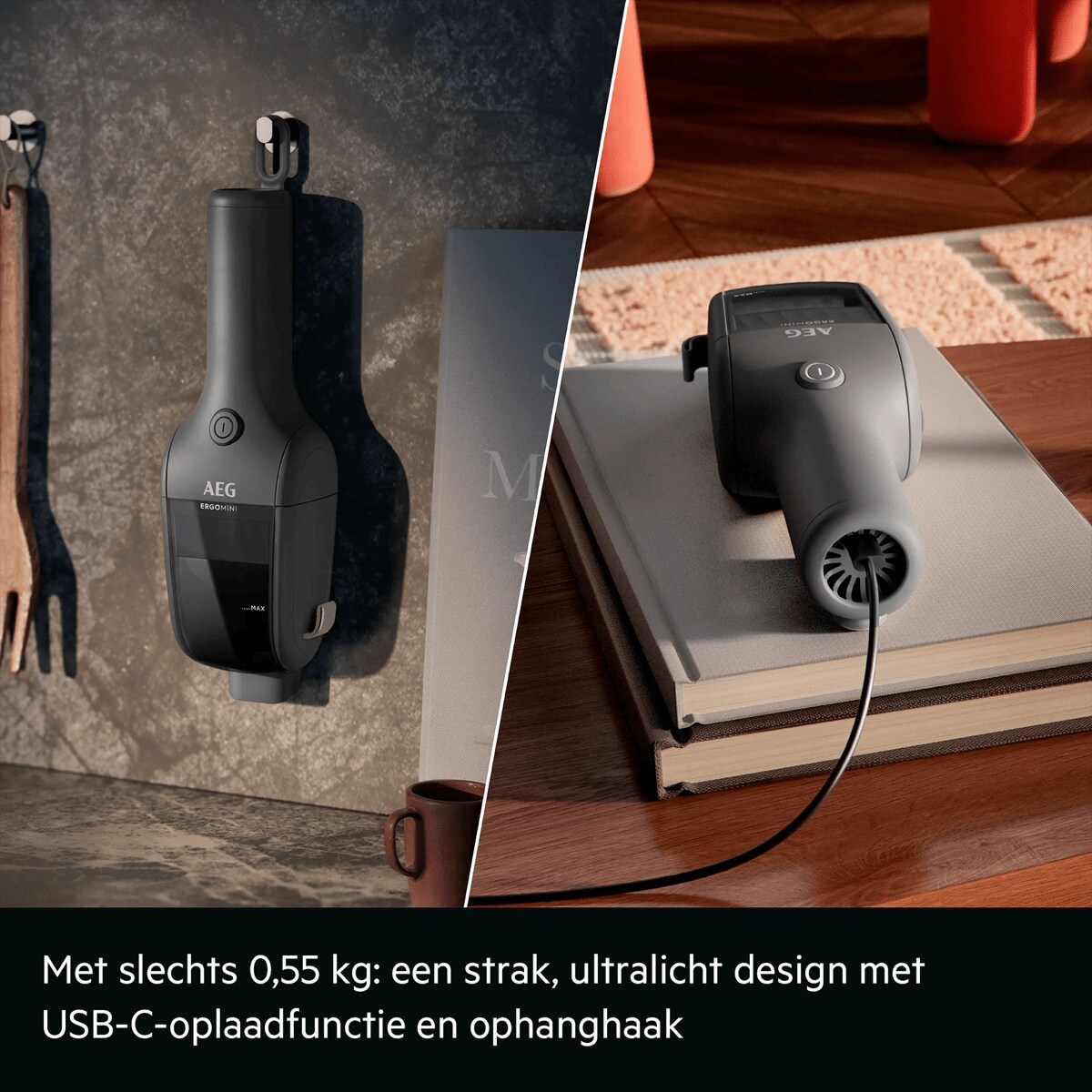 Met slechts 0,55 kg: een strak, ultralicht design met USB-C-oplaadfunctie en ophanghaak