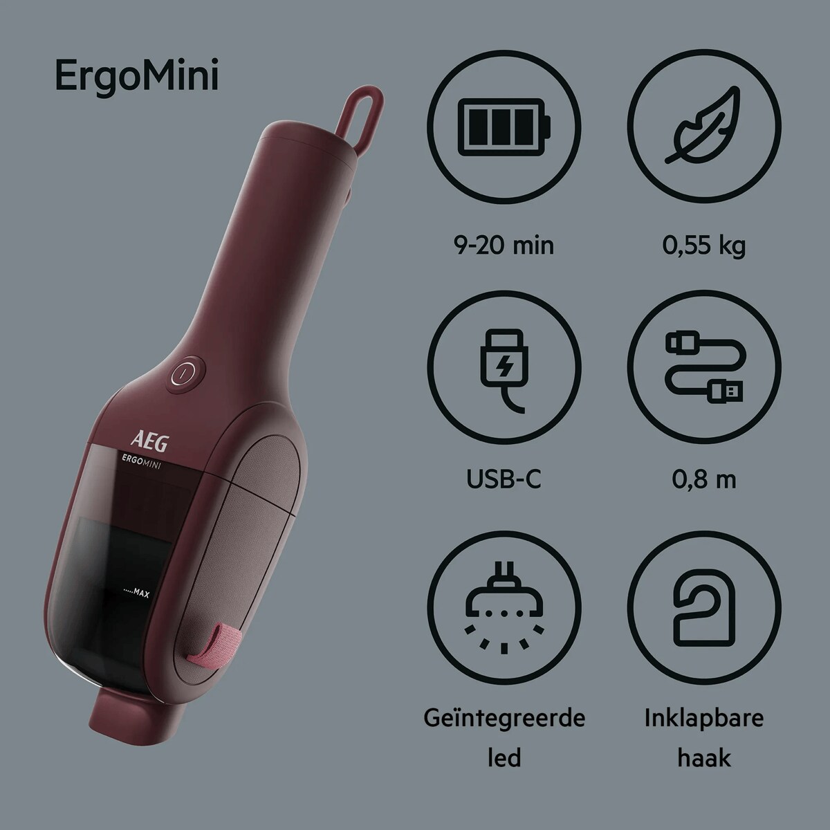 ErgoMini 9-20 min USB-C Geïntegreerde led 0,55 kg 0,8 m Inklapbare haak