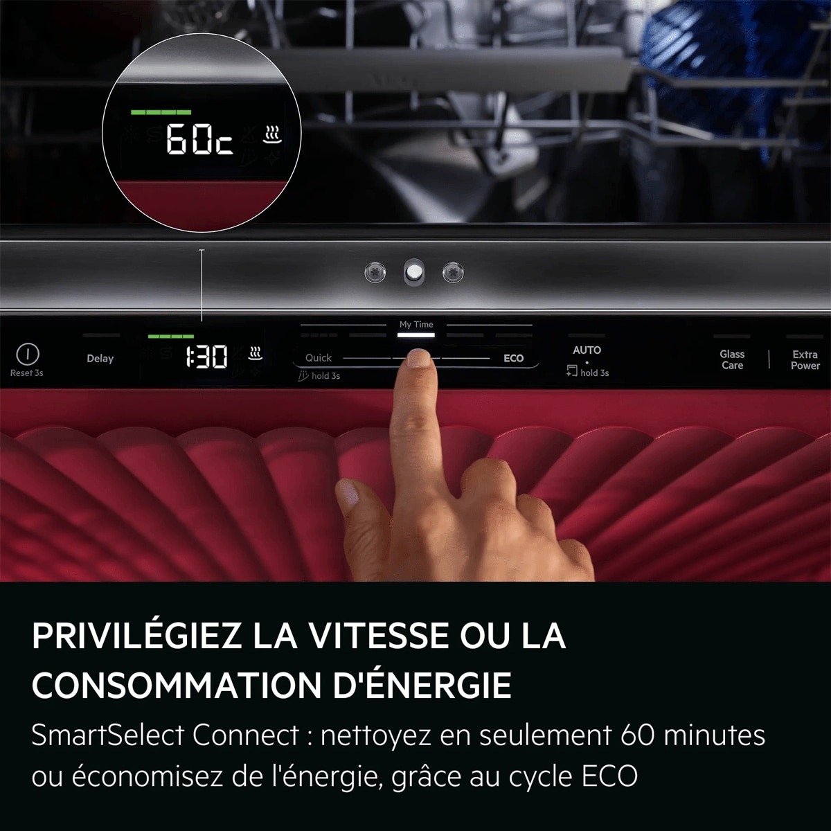 PRIVILÉGIEZ LA RAPIDITÉ OU L'EFFICACITÉ SmartSelect : nettoyez en seulement 60 minutes ou économisez de l'énergie, grâce au cycle ECO