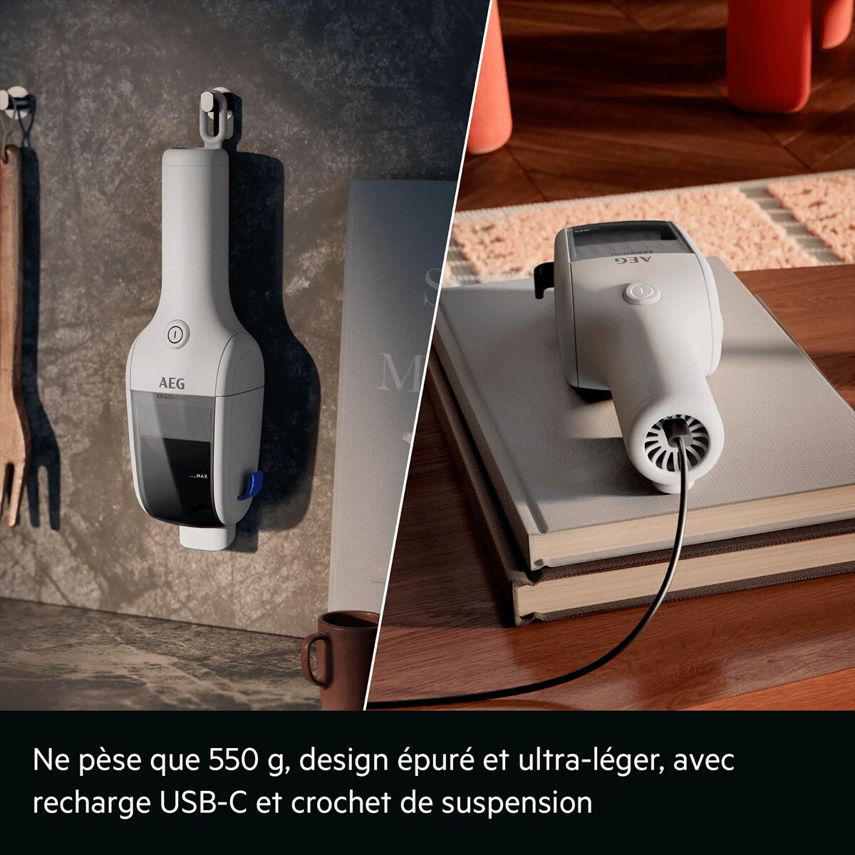 Ne pèse que 0,55 kg, design épuré et ultra-léger, avec recharge USB-C et crochet de suspension.