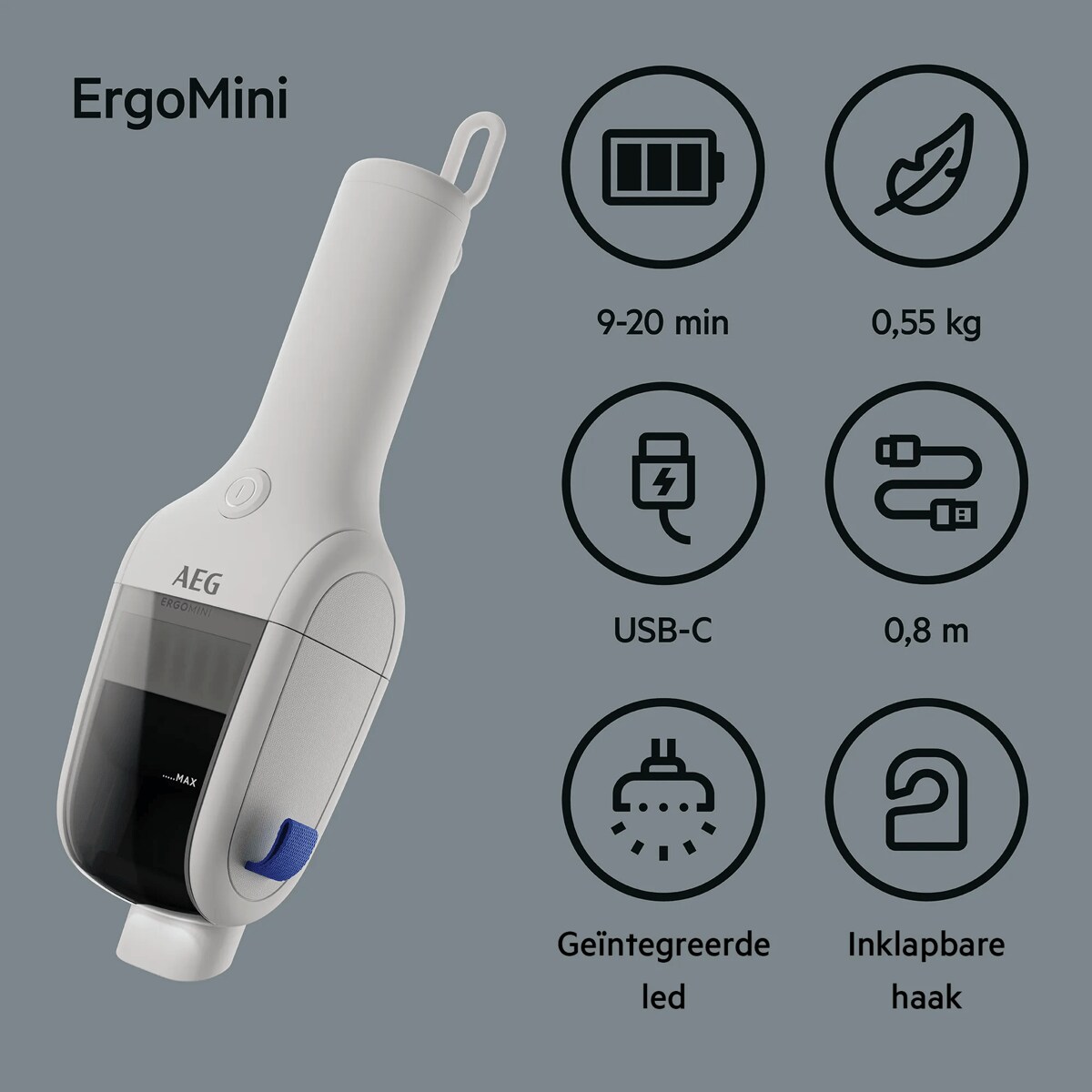 ErgoMini 9-20 min USB-C Geïntegreerde led 0,55 kg 0,8 m Inklapbare haak
