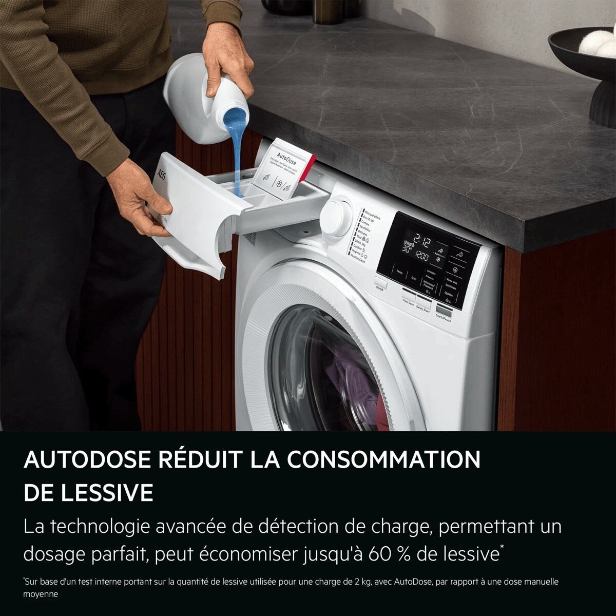 AUTODOSE RÉDUIT LA CONSOMMATION DE LESSIVE La technologie avancée de détection de charge, permettant un dosage parfait, peut économiser jusqu'à 60 % de lessive*    *Sur base d'un test interne portant sur la quantité de lessive utilisée pour une charge de 2 kg, avec AutoDose, par rapport à une dose manuelle moyenne.