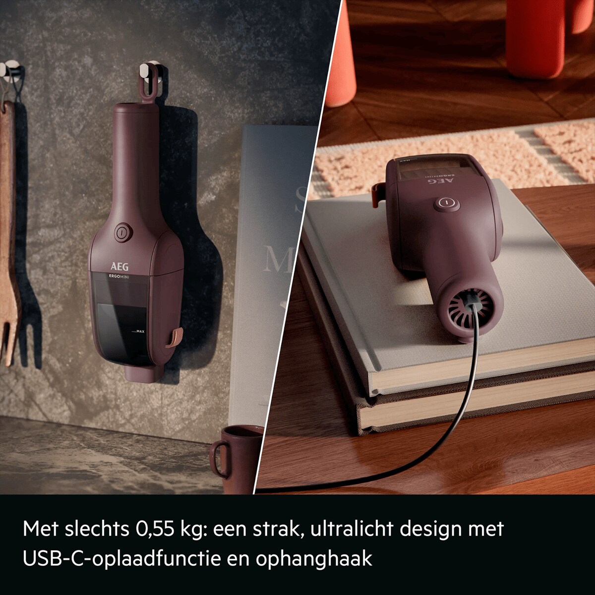 Met slechts 0,55 kg: een strak, ultralicht design met USB-C-oplaadfunctie en ophanghaak