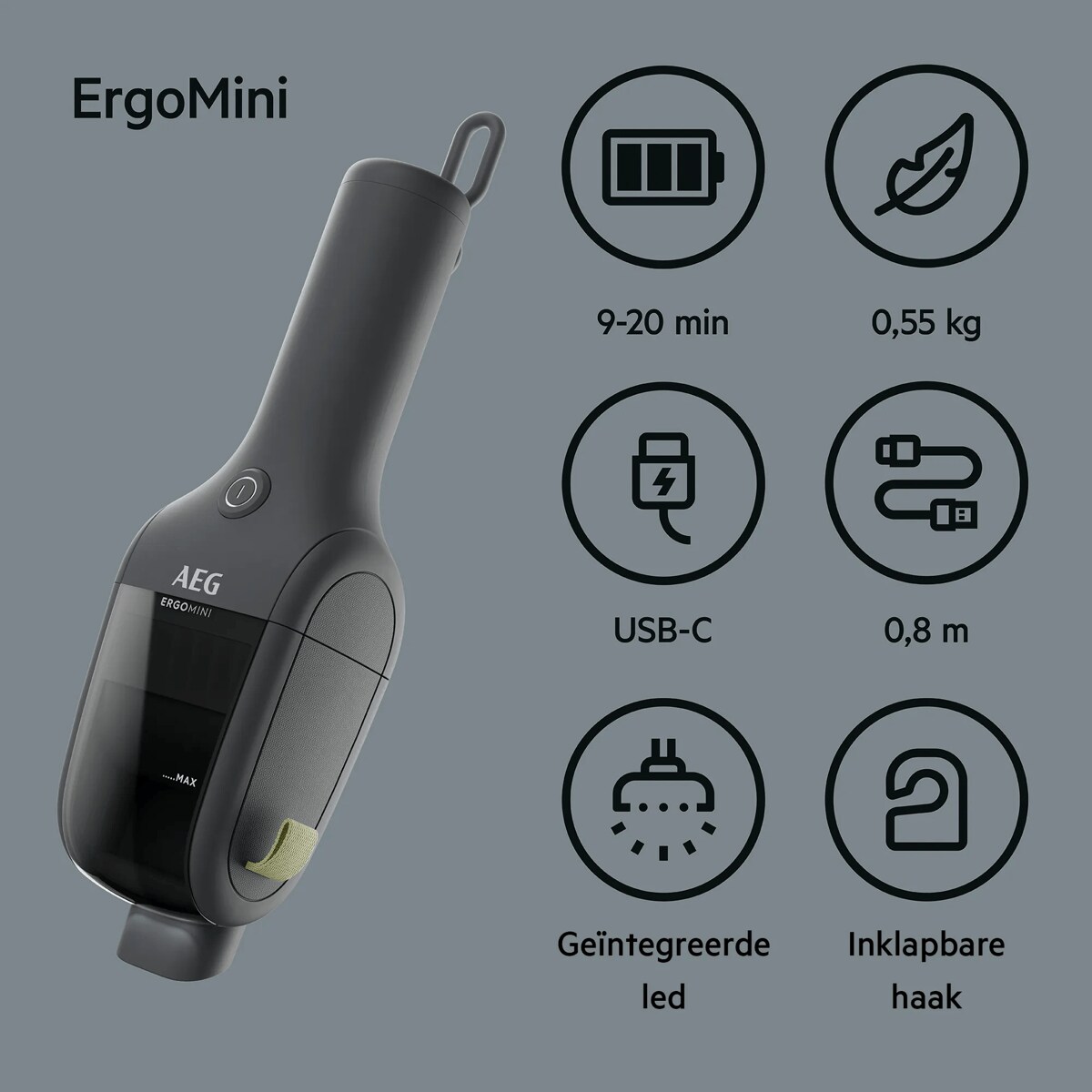 ErgoMini 9-20 min USB-C Geïntegreerde led 0,55 kg 0,8 m Inklapbare haak