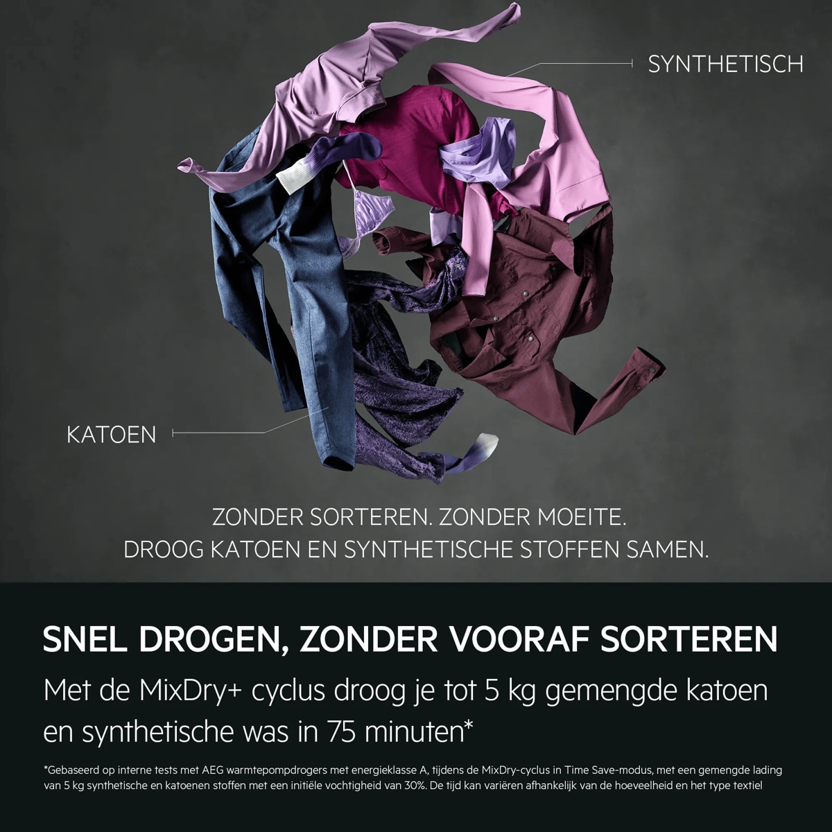 "Quick drying, no pre-sorting.
The MixDry+ cycle dries up to 5 kg of mixed cottons and synthetics in 75 minutes.*
*Based on internal testing on AEG heat pump tumble dryers on Energy Class A on MixDry cycle in Time Save mode on a 5kg mixed synthetic and 
cotton load with an initial moisture content of 30%. Time may vary depending on load quantity and fabric type."