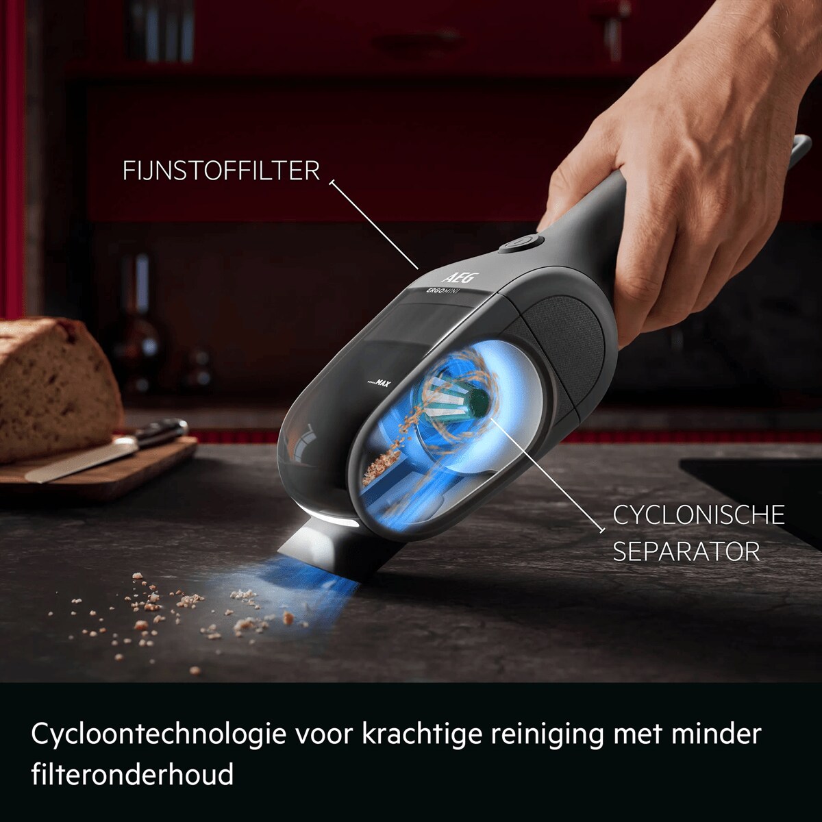 Cycloontechnologie voor krachtige reiniging met minder filteronderhoud.     FIJNSTOFFILTER CYCLONISCHE SEPARATOR