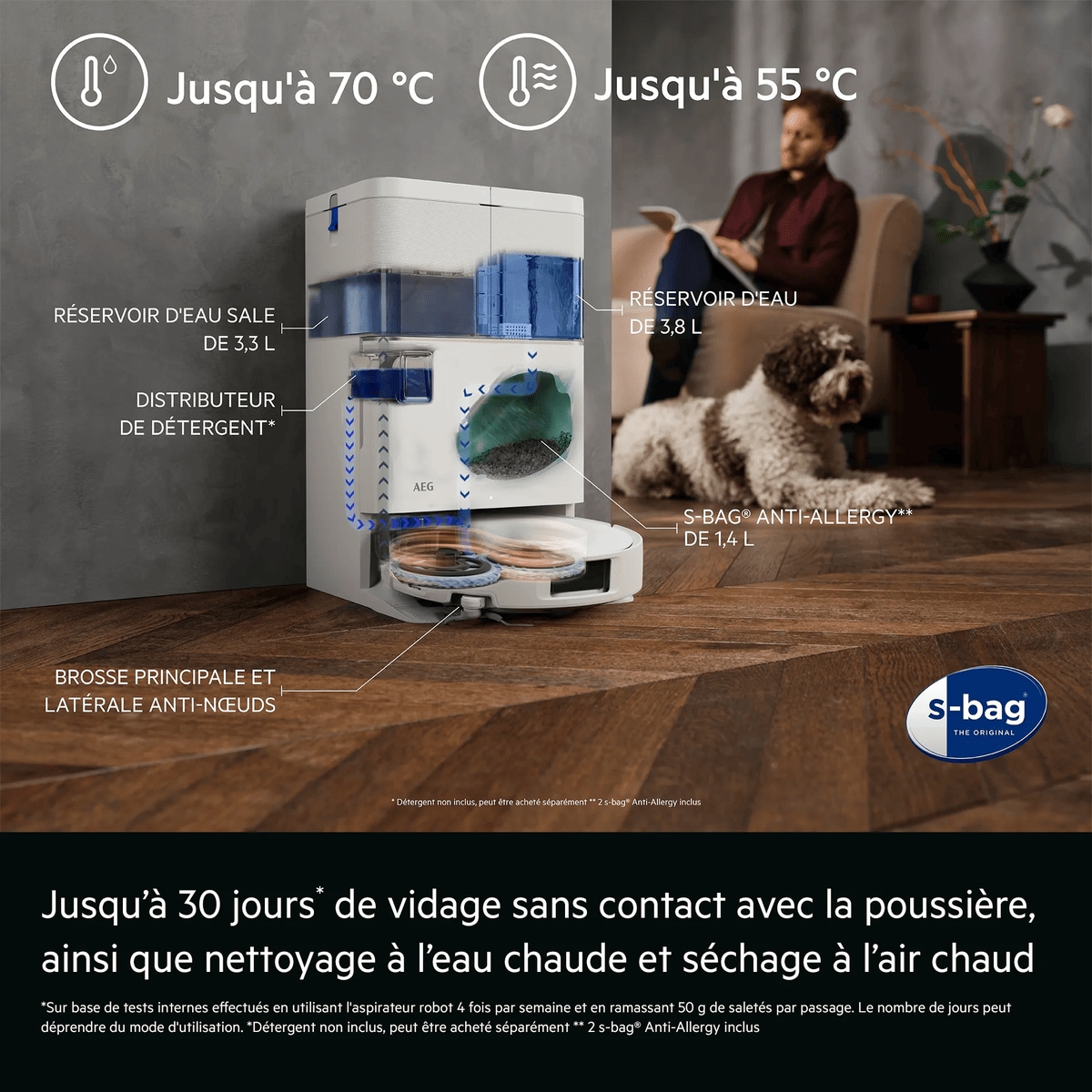 Jusqu’à 30 jours* de vidage sans contact avec la poussière, ainsi que nettoyage à l’eau chaude et séchage à l’air chaud     *Sur base de tests internes effectués en utilisant l'aspirateur robot 4 fois par semaine et en ramassant 50 g de saletés par passage. Le nombre de jours peut déprendre du mode d'utilisation. *Détergent non inclus, peut être acheté séparément ** 2 s-bag® Anti-Allergy inclus Jusqu'à 70 °C Jusqu'à 55 °C RÉSERVOIR D'EAU DE 3,8 L RÉSERVOIR D'EAU SALE DE 3,3 L DISTRIBUTEUR DE DÉTERGENT*  S-BAG® ANTI-ALLERGY** DE 1,4 L BROSSE PRINCIPALE ET LATÉRALE ANTI-NŒUDS