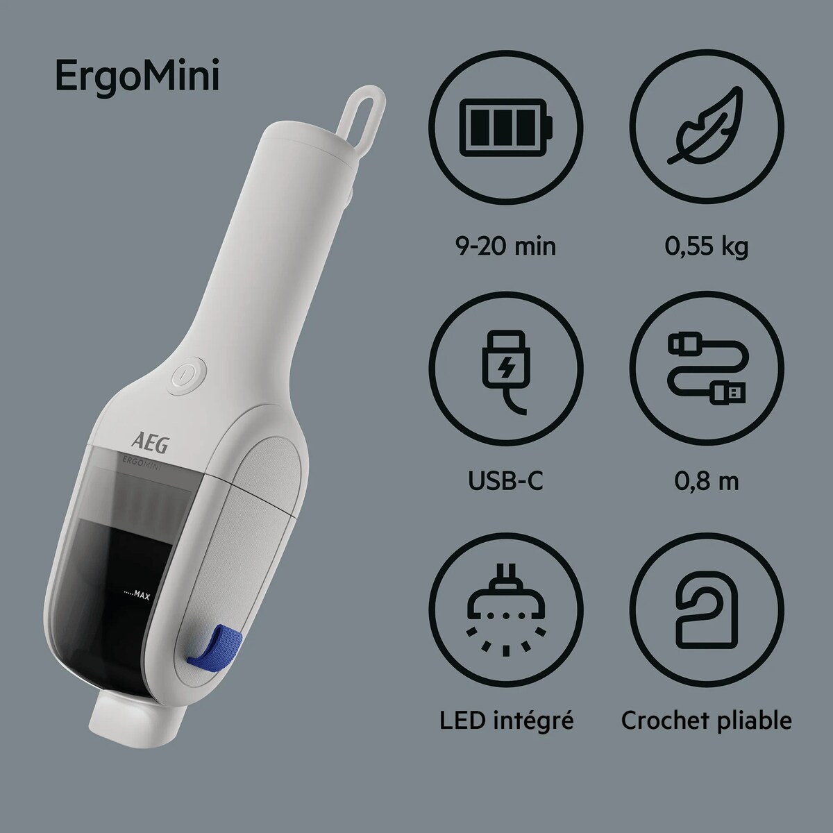 ErgoMini 9-20 min USB-C LED intégré 0,55 kg 0,8 m Crochet pliable