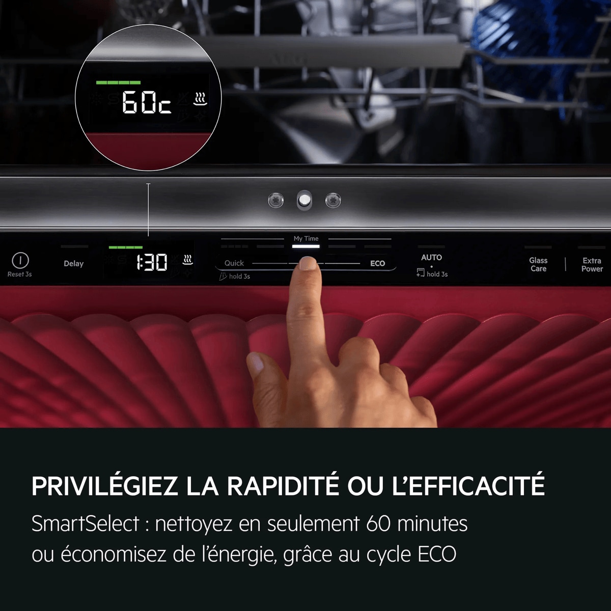PRIVILÉGIEZ LA RAPIDITÉ OU L'EFFICACITÉ SmartSelect : nettoyez en seulement 60 minutes ou économisez de l'énergie, grâce au cycle ECO