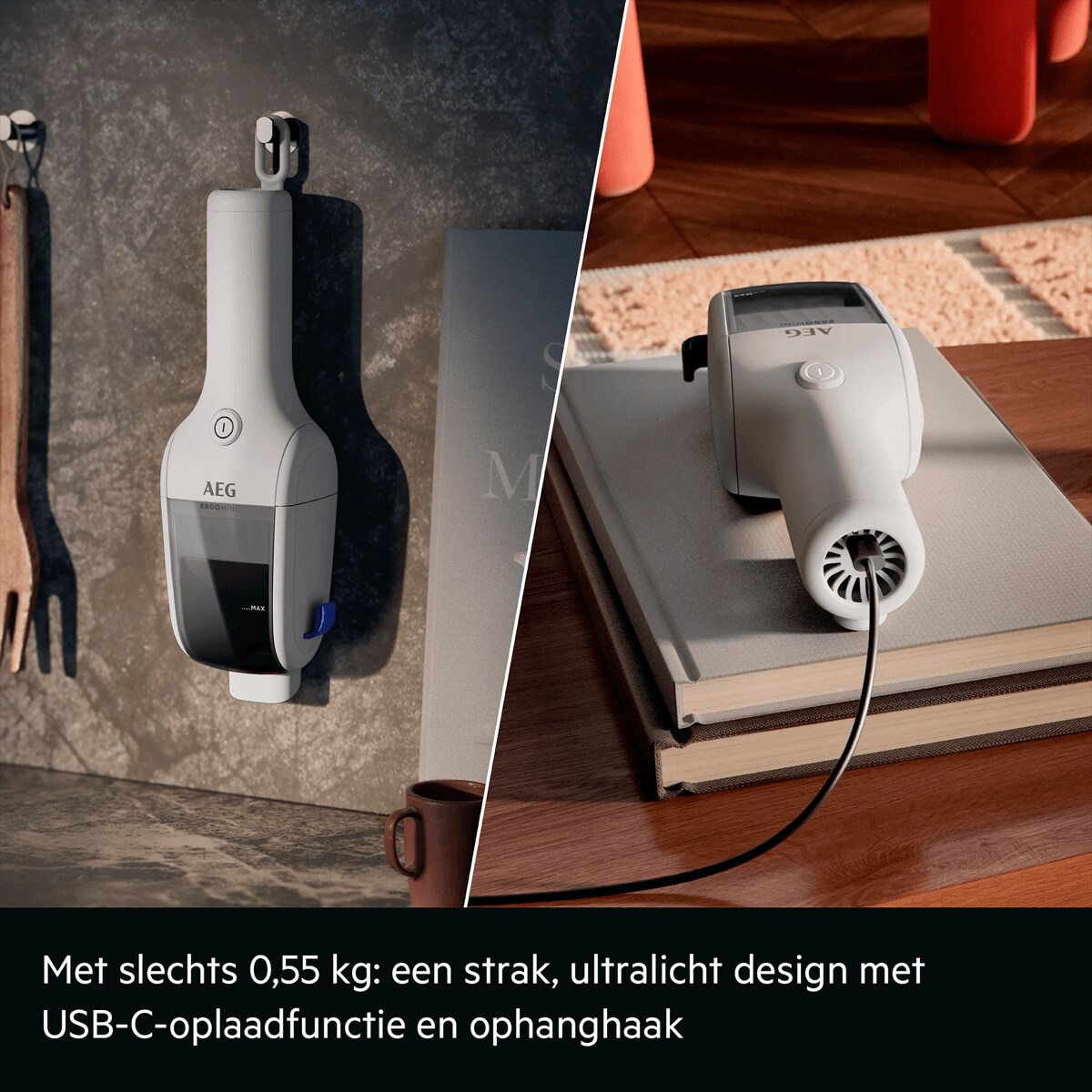 Met slechts 0,55 kg: een strak, ultralicht design met USB-C-oplaadfunctie en ophanghaak
