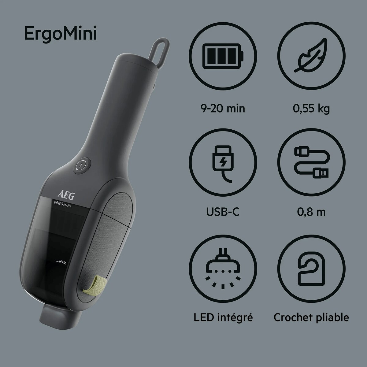 ErgoMini 9-20 min USB-C LED intégré 0,55 kg 0,8 m Crochet pliable