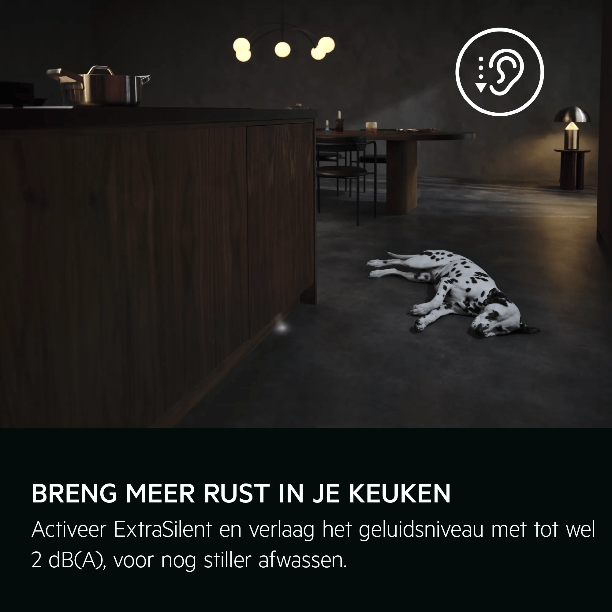 
            BRENG MEER RUST IN JE KEUKEN
           
            
            Activeer ExtraSilent en verlaag het geluidsniveau met tot wel 2 dB(A), voor nog stiller afwassen.
          
          