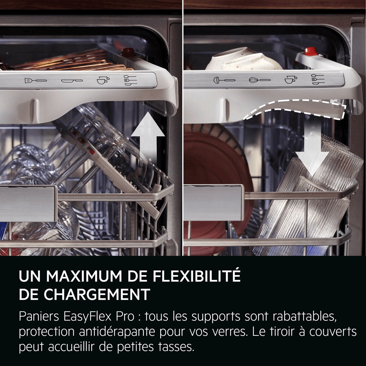 
            MAXIMALE FLEXIBILITEIT BIJ INLADEN
           
            EasyFlex Pro-korven: alle rijen zijn neerklapbaar en dankzij de antislip blijven glazen stevig op hun plek.  In de besteklade kun je ook kleine kopjes kwijt.