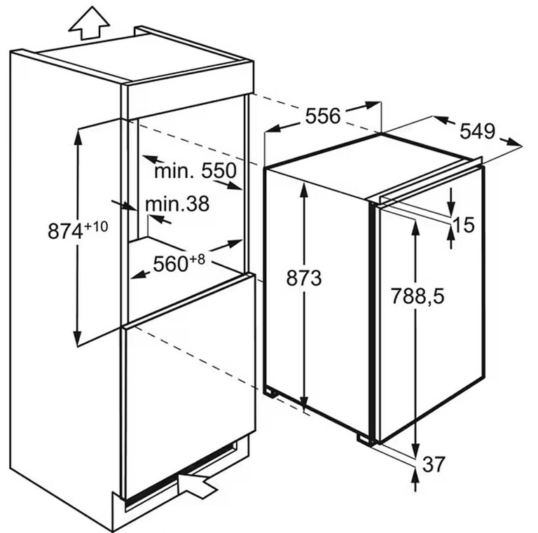 Een schematische weergave van het inbouwen van een inbouw koelkast